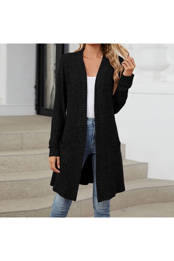 Women's 2024 Fall Winter Long Sleeves Open Front Solid Color Knitted Sweater Cardigan Coat Outwear