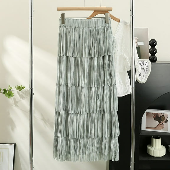 Dwaogom Women's A-Line Fairy Elastic Waist Tulle Midi Skirt Woman Mid-Length Tassels Solid Color Meringue A-Line Skirt