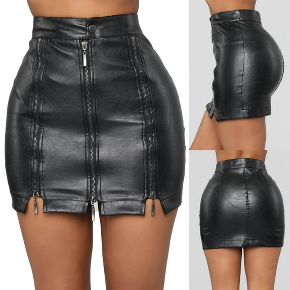 Dwaogom Women's Basic High Waist Leather Bodycon Mini Pencil Skirt Fashion Women High Waist Casual Ladies Button Mini Fit Leather Skirts