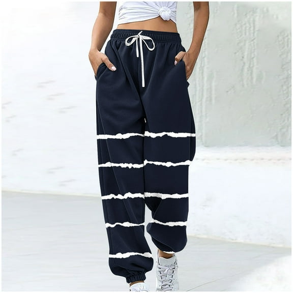 Dwaogom Women’s Casual Baggy Sweatpants High Waisted Joggers Pants Fashion Blocked Halloween Printed Drawstring Pocket Bound Ankle Pants
