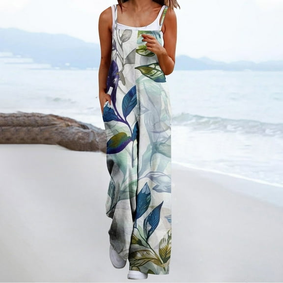 Dwaogom Women's Casual Loose Overalls Jumpsuits One Piece Sleeveless Printed Wide Leg Long Pant Rompers Fashion Casual Back Strap Jumpsuit With Pockets