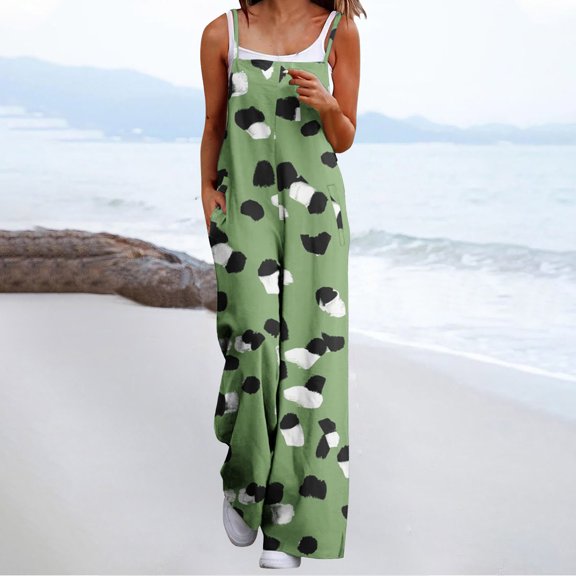 Dwaogom Women's Casual Loose Overalls Jumpsuits One Piece Sleeveless Printed Wide Leg Long Pant Rompers Fashion Casual Back Strap Jumpsuit With Pockets