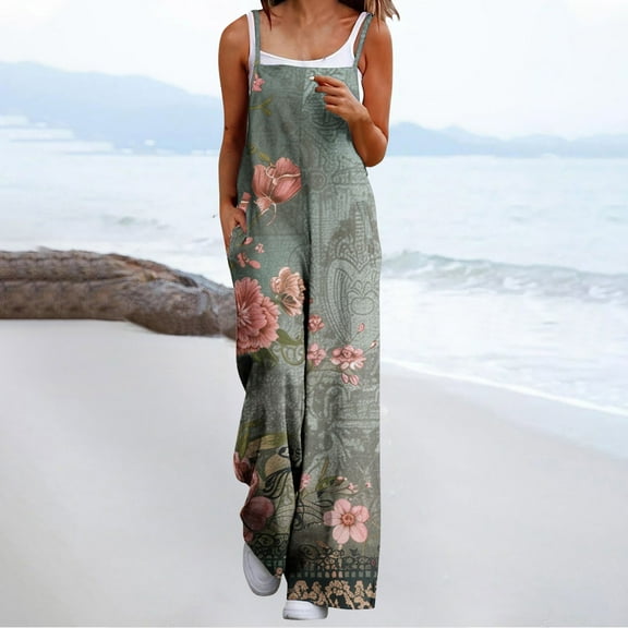 Dwaogom Women's Casual Loose Overalls Jumpsuits One Piece Sleeveless Printed Wide Leg Long Pant Rompers Fashion Casual Back Strap Jumpsuit With Pockets