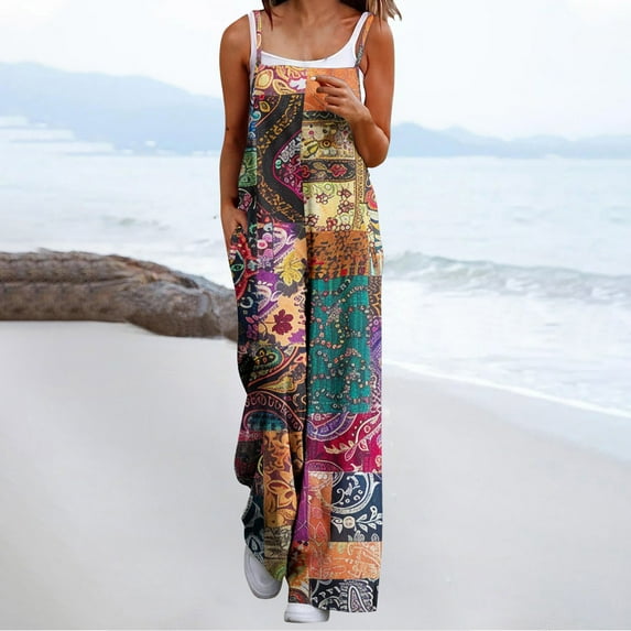 Dwaogom Women's Casual Loose Overalls Jumpsuits One Piece Sleeveless Printed Wide Leg Long Pant Rompers Fashion Casual Back Strap Jumpsuit With Pockets