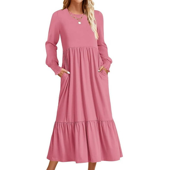 Dwaogom Women's Casual Solid Color Long Sleeved Pleated Large Dress Plus Size Dress Dress Clubs Dresses