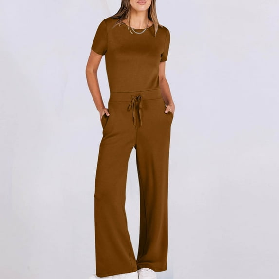 Dwaogom Women's Casual Solid Color Round Neck Pocket Short Sleeve Jumpsuits Leggings For Tall Women Leggings For Women Fleece