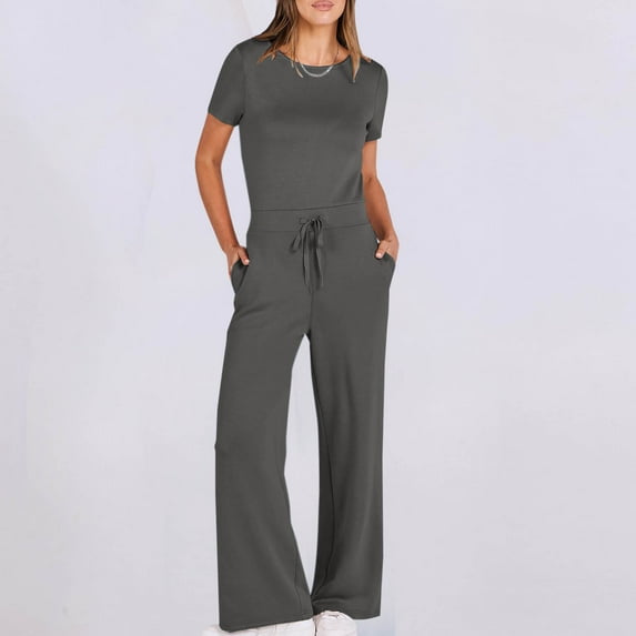 Dwaogom Women's Casual Solid Color Round Neck Pocket Short Sleeve Jumpsuits Leggings For Tall Women Womenssleep Pants