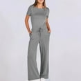 thumbnail image 1 of Dwaogom Women's Casual Solid Color Round Neck Pocket Short Sleeve Jumpsuits Plaid Pants For Men Gifts For Women, 1 of 8