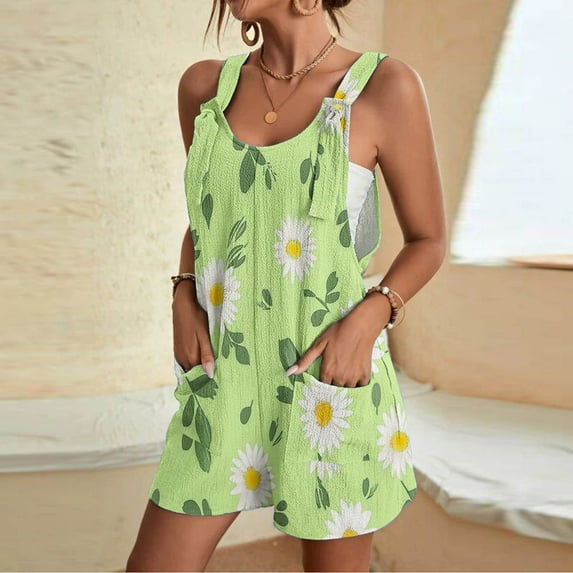 Dwaogom Women's Casual Suspender Printing Shorts Pocket Jumpsuit Shorts Cotton Linen Pants Velvet Flare Pants For Women