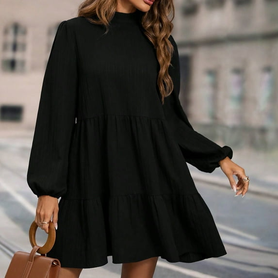 Dwaogom Women's Classic And Fashionable Solid Color Hem Pleated Long Sleeved Round Neck Dress Plus Size Dress Black Midi Dress For Women Strawberry Dress Woman