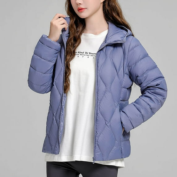 Dwaogom Women's Down Jacket Hooded Winter Light Weight Short Puffer Coats Packable Warm Windproof Ladies Parka Solid Color Lightweight Short Hooded Long Sleeved Versatile Jacket Cotton Jacket