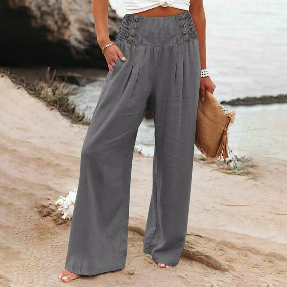 Dwaogom Women’s Elastic Waist Summer Solid Casual With Pockets Outing Capris Length Pants High Waist High Waisted Flowy Pants Dressy Girls Sweatpants
