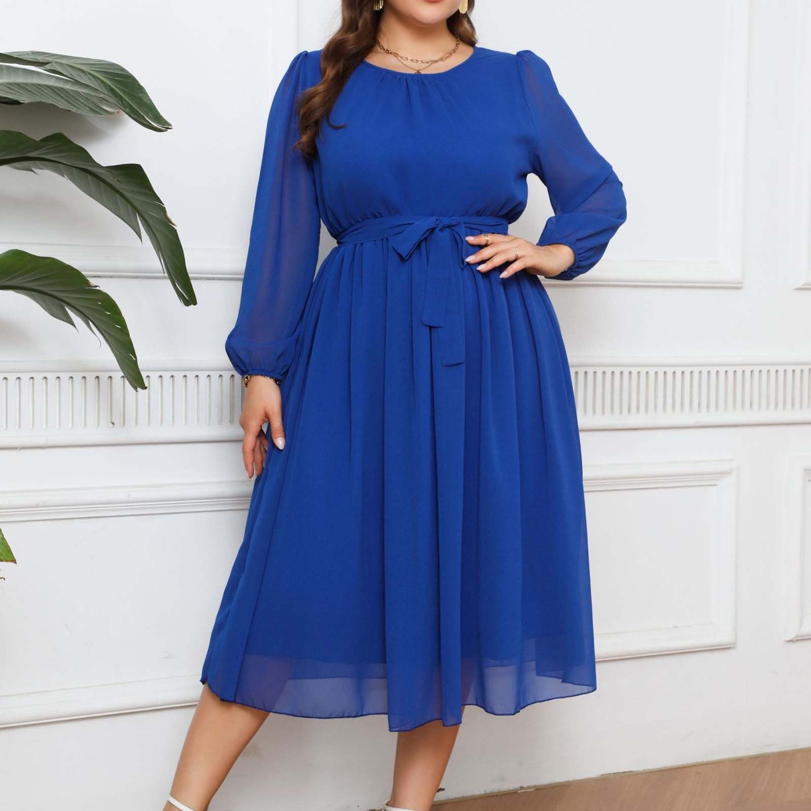 Dwaogom Women's Fashion Casual Comfort Solid Color Tie Long Sleeve Round-Neck Dress Plus Size Dress Dusty Blue Dress Summer Dress For Women Chiffon Blouses Skirt - Walmart.com Dwaogom Women's Fashion Casual Comfort Solid Color Tie Long Sleeve Round-Neck Dress Plus Size Dress Dusty Blue Dress Summer Dress For Women Chiffon Blouses Skirt - Walmart.com
