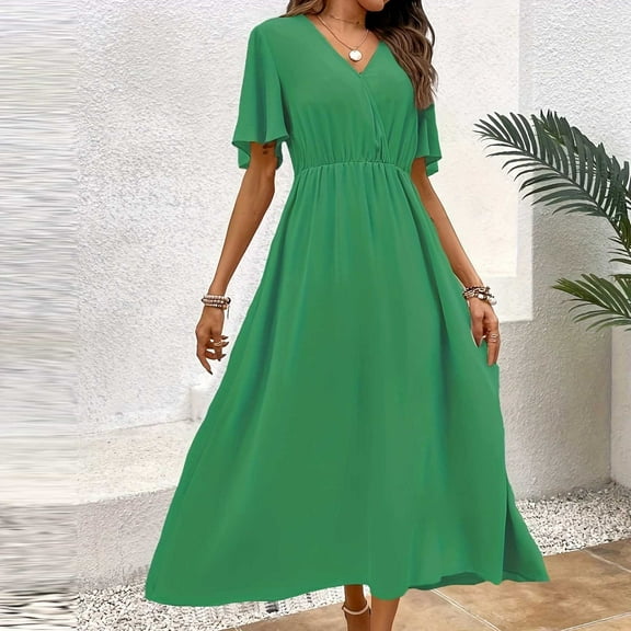 Dwaogom Women's Fashion Comfort Solid Color Fold Short Sleeve V-Neck Dress Plus Size Dress Summer Midi Dresses For Women 2024 Fifties Dresses