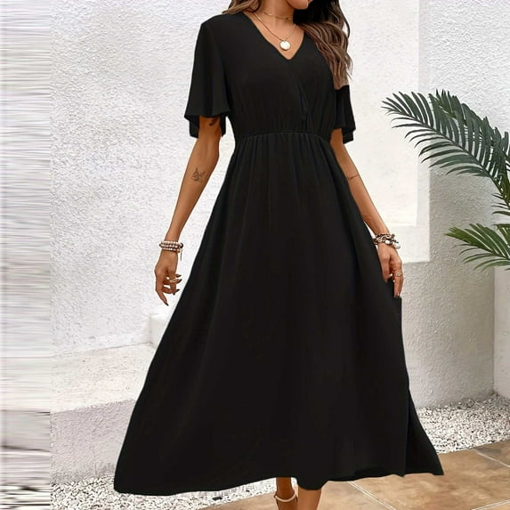 Dwaogom Women's Fashion Comfort Solid Color Fold Short Sleeve V-Neck Dress Plus Size Dress Summer Midi Dresses For Women 2024 Long Sleeve Maxi Dress