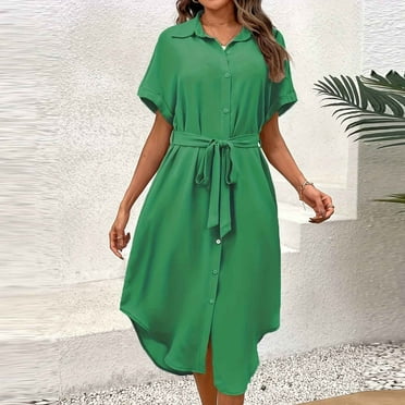 Dwaogom Women's Fashion Comfort Solid Color Tie Irregular Short Sleeve Turndown Collar Dress Plus Size Dress Tea For Women Crystal Mesh Dress