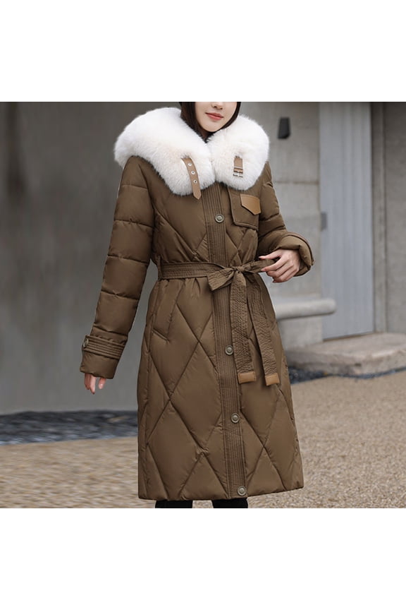 Women's Fashion Down Jacket Women's Slim Large Collar Mid-Length Over-the-Knee Padded Jacket Thickened Jacket Tan Puffer Coat Womens Waffle Knit Shacket