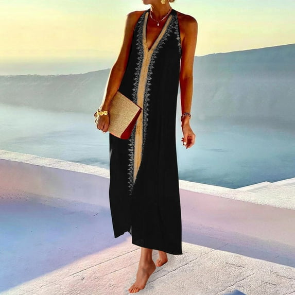 Dwaogom Women's Fashion Printed Sleeveless Round-Neck Ankle Dress Long Sleeve Floral Maxi Long Dress Black Dress For Girls Cocktail Party Midi Dresses