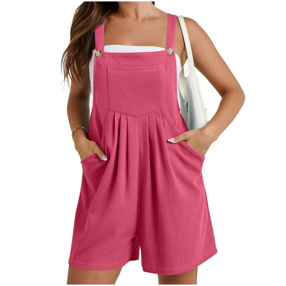 Dwaogom Women's Fashion Solid Color Loose Adjustable Sleeveless Double Pocket Overalls Wide Leg Jumpsuit Overalls Leggings Women Mid Waist Petite Womens Running Shorts