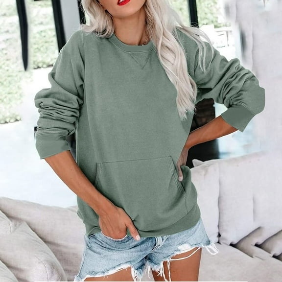 Dwaogom Women's Fashion Solid Loose Round-Neck Long Sleeve Pocket Blouse Sweater Womens Hooded Sweatshirts Pullover Funny Spooky Horror Season Pullover Sweatshirt