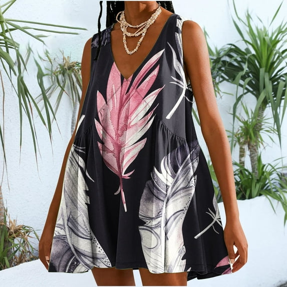 Dwaogom Women's Fashion Summer Casual Loose Printed Sleeveless V-Neck Dress Long Sleeve Floral Maxi Long Dress Red Maxi Dress Women 3/4 Ruffle Sleeve Dress