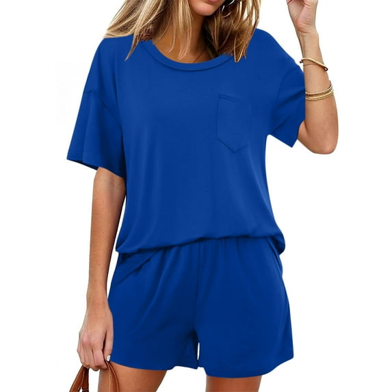 Dwaogom Women's Fashionable Casual Solid Color Home Short Sleeved Round Neck Pajama Top With Pants Set High Waisted Shorts Tracksuit Sets Oversized Slouchy Winter Matching Lounge Sets