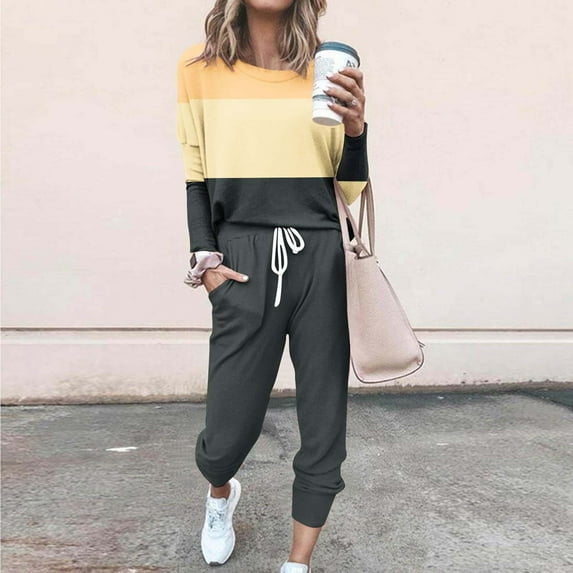 Dwaogom Women's Fashionable Loose Fitting Color Matching Long Sleeved Casual Set Top And Wide Leg Pants Sweatsuit Short Sweatsuit