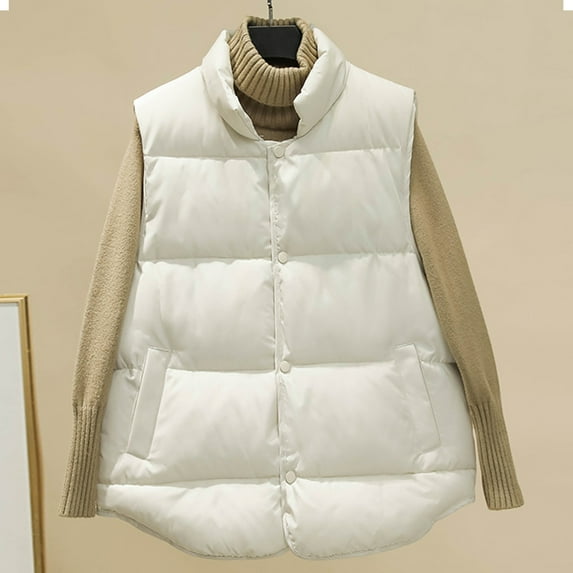 Dwaogom Women's Fashionable Loose Waistcoat Stand Collar Solid Color Cotton Jacket Tan Puffer Coat Casual Loose Fit Tops