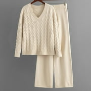 DWAOGOM Women's Fashionable Wide Leg Pants Sweater Two Piece Set Women's V Neck Knitted Suit Track Jacket Women Button Down Shirt Dress Pocket