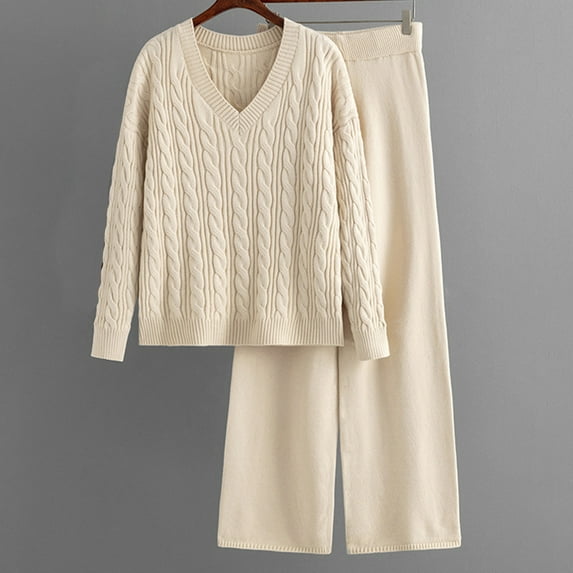 Dwaogom Women's Fashionable Wide Leg Pants Sweater Two Piece Set Women's V Neck Knitted Suit Track Jacket Women Button Down Shirt Dress Pocket