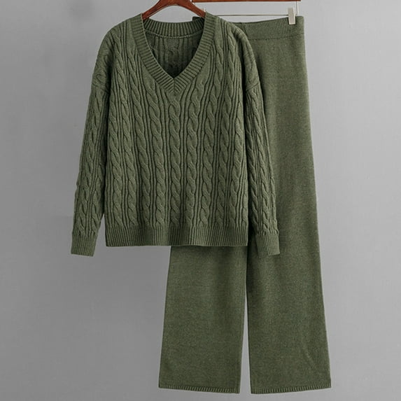 Dwaogom Women's Fashionable Wide Leg Pants Sweater Two Piece Set Women's V Neck Knitted Suit Track Jacket Women Button Down Shirts Light Jacket