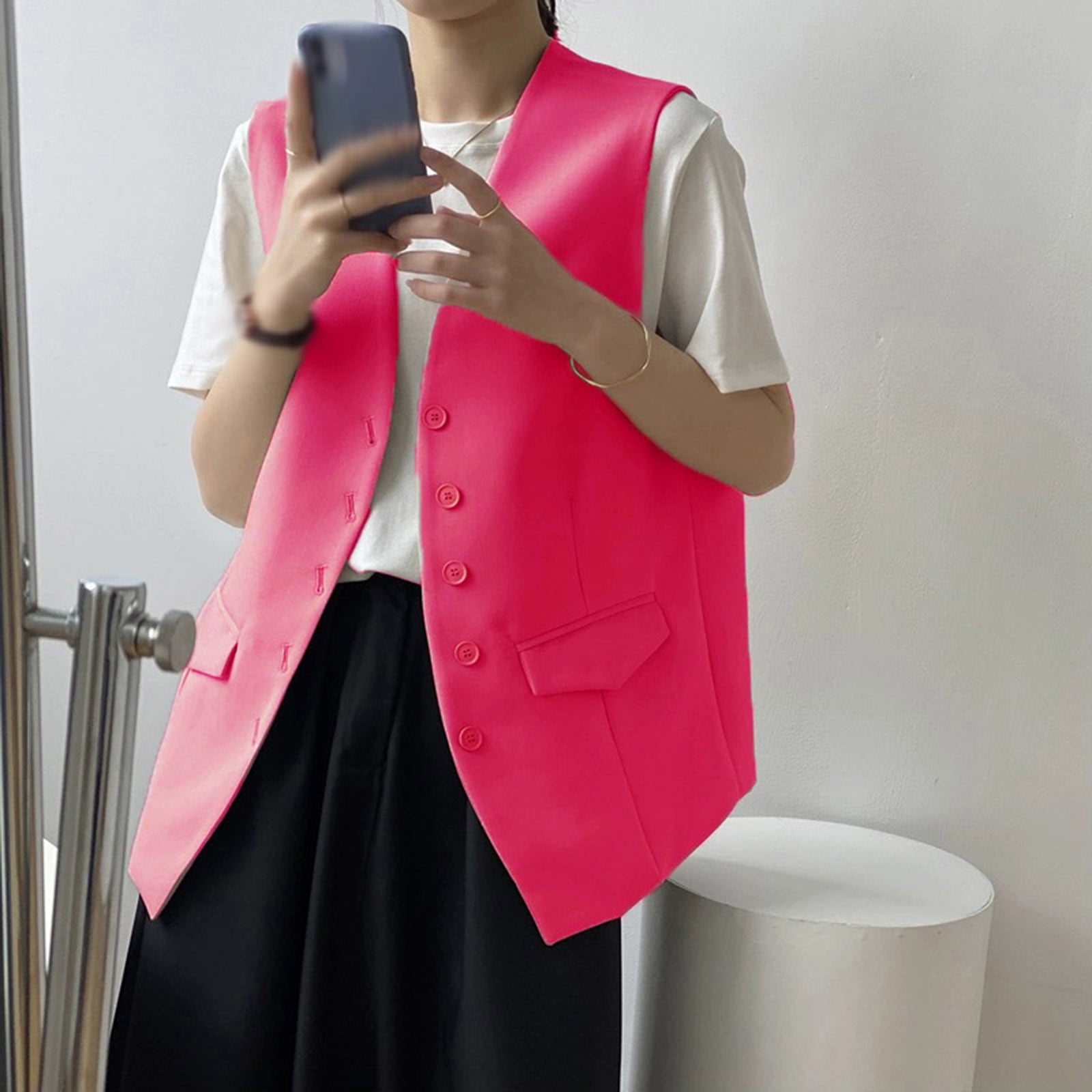 Loose Suit with V-neck Button Embellished Vest
