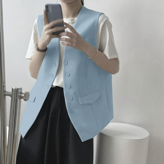 Dwaogom Women's Fully Lined Button V-Neck Economy Dressy Suit Vest Waistcoat Sleeveless Waistcoat Top Blazer Suit Coat