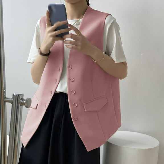 Dwaogom Women's Fully Lined Button V-Neck Economy Dressy Suit Vest Waistcoat Sleeveless Waistcoat Top Blazer Suit Coat