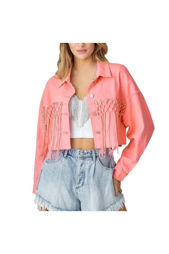 Women's Lapel Sequin Long Sleeved Tassel Jacket Teddy Long Coat Jacket Womens Waffle Knit Shacket