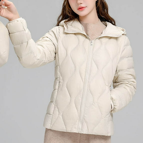 Dwaogom Women's Lightweight Long-Sleeve Full-Zip Water-Resistant Packable Hooded Puffer Jacket Solid Color Lightweight Down Jacket Short Hooded Long Sleeved Versatile Jacket Cotton Jacket