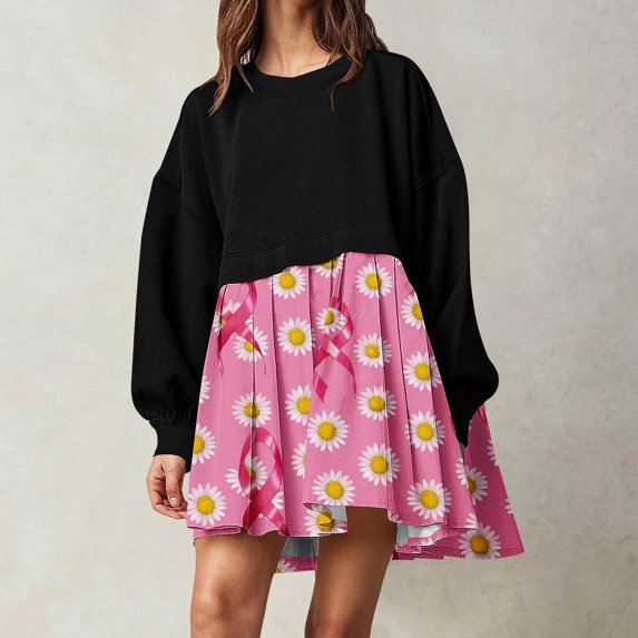 Dwaogom Women's Long Sleeve Loose Plain Maxi Dresses Casual Print Mid-Calf Dress