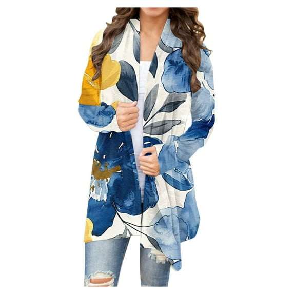 Dwaogom Women's Open Front Cardigan Shirt with Pockets Long Sleeve Lightweight Floral Printed Coat