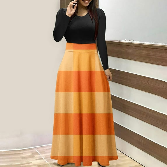 Dwaogom Women's Print Colorful Long Dress Long Sleeve Round-Neck Printing Dresses Plus Size Dress Dresses For Women Crystal Mesh Dress