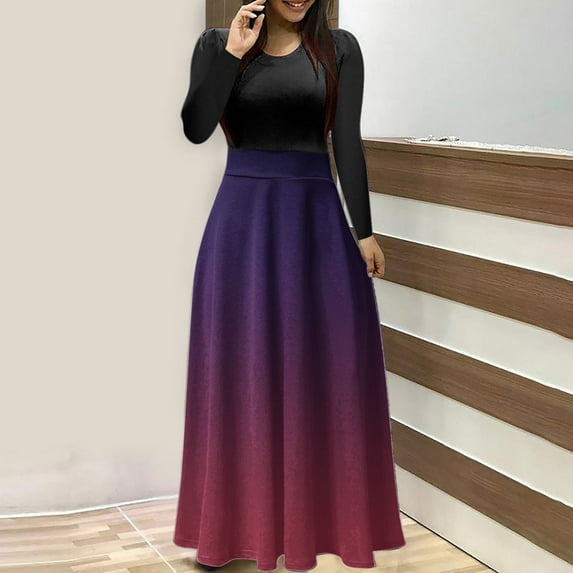 Dwaogom Women's Print Colorful Long Dress Long Sleeve Round-Neck Printing Dresses Plus Size Dress Dresses For Wedding Guest Cocktail Party Midi Dresses