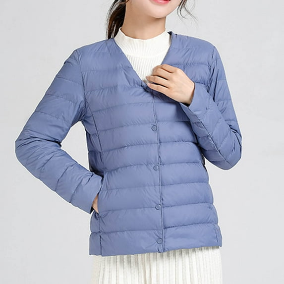 Dwaogom Women's Puffer Jacket Lightweight Quilted Padded Coat Zip-up Winter Warm Outerwear Solid Color Lightweight Down Jacket Round Neck Short Jacket Long Sleeved Cotton Jacket