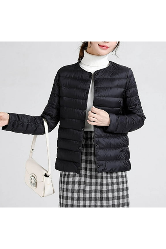 Women's Puffer Jacket Lightweight Quilted Padded Zip-up Stand-Collar Winter Fleece Coat Solid Color Lightweight Down Jacket Round Neck Short Jacket Long Sleeved Cotton Jacket