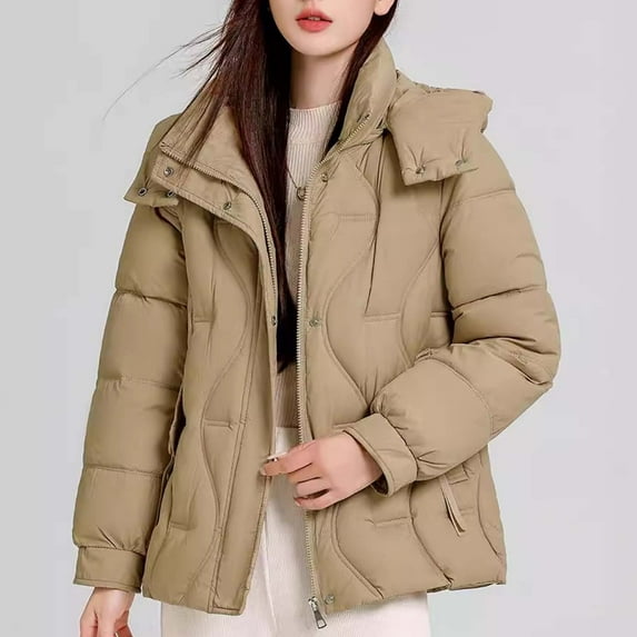 Dwaogom Women's Quilted Winter Coats Hooded Warm Puffer Jacket Womens Solid Color Winter Hooded Thick Casual Cotton Jacket Long Sleeved Cotton Jacket with Hood