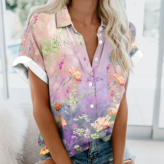 Dwaogom Women's Regular Casual Printed Short Sleeved BlousesTop Gingham Blouse Womens Dinosaur T Shirt