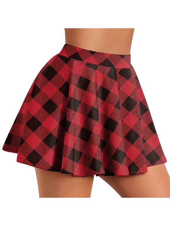 Women's Skirts Cute High Elastic Waisted Plaid Kilts for Women Trendy Hem Flared Knee Length Mini Skater Skirt Woman Temperament High Waist Lattice Printing Pleated Skirt