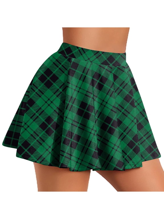 Women's Skirts Cute High Elastic Waisted Plaid Kilts for Women Trendy Hem Flared Knee Length Mini Skater Skirt Woman Temperament High Waist Lattice Printing Pleated Skirt