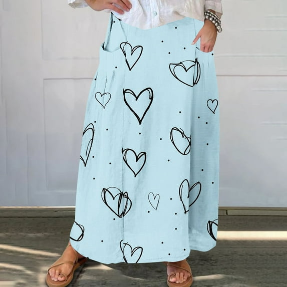 Dwaogom Women's Skirts High Elastic Waisted Casual Skirt Polka Dot Pleated Floral/Solid Midi Skirts Women's Printed Elastic Waistband Pleated Skirt With Mid Calf Skirt with Pockets