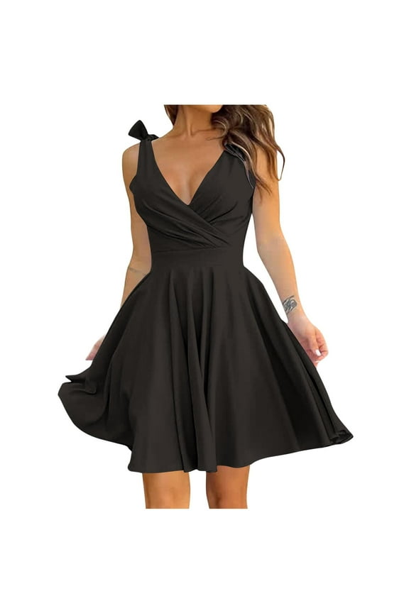Women's Sleeveless Tie Shoulder Tiered Frill Swing Dress V Neck High Waist Loose Dresses Solid Mini Babydoll Dress