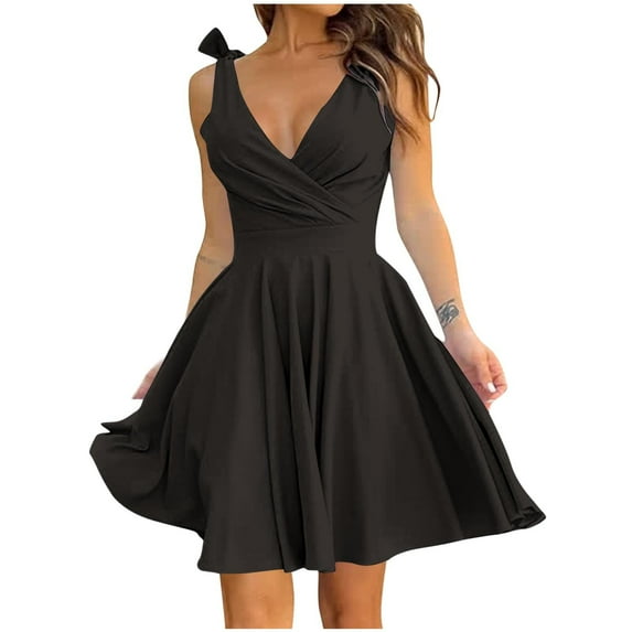 Dwaogom Women's Sleeveless Tie Shoulder Tiered Frill Swing Dress V Neck High Waist Loose Dresses Solid Mini Babydoll Dress