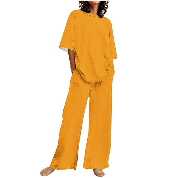 Dwaogom Women's Solid Color Casual Short Sleeved Top With Pants And Round Neck Set Lounge Wear Tracksuit Set Half Zip Lapel Collar Short Sleeve Sweatshirt